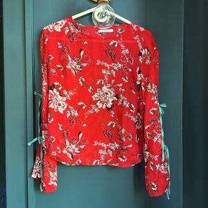 Red Floral Blouse with Contrasting Turquoise Ribbon-Tie Detail